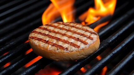 Grilled Burger Patty on BBQ Grill Flames