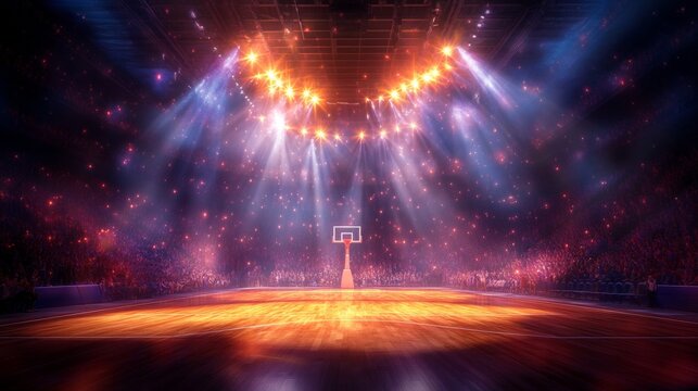Ultra detailed nba basketball court with vibrant lights from sideline angle for event and sports design