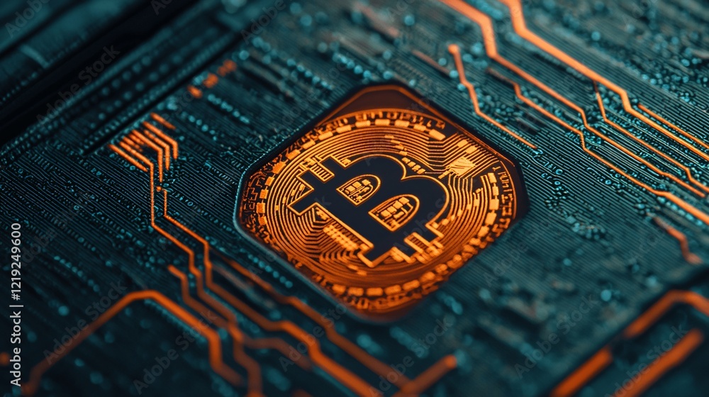 Aufkleber a close-up view of a bitcoin symbol embedded in a circuit board, highlighting cryptocurrency technol