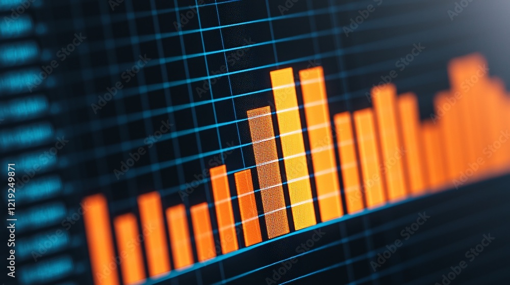 Poster a close-up of a digital bar chart with vibrant orange bars on a dark grid background, representing d