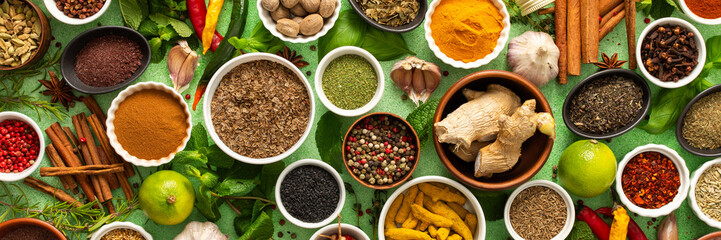 A beautiful collection of colorful spices and herbs, showcasing their natural aromas and vibrant hues on a gentle green background, banner