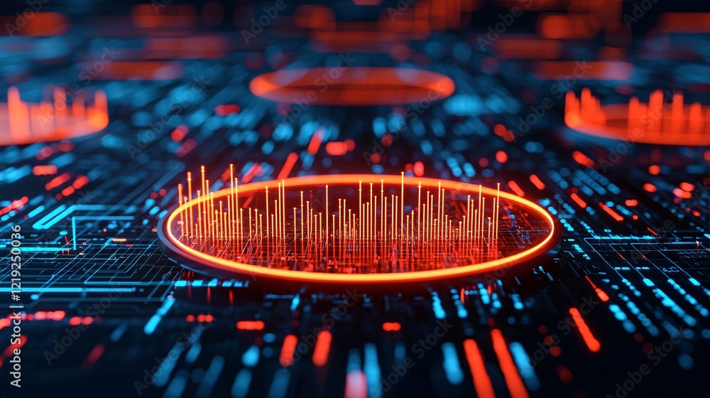 Poster a vibrant digital visualization showcasing glowing data patterns and spikes, representing technology