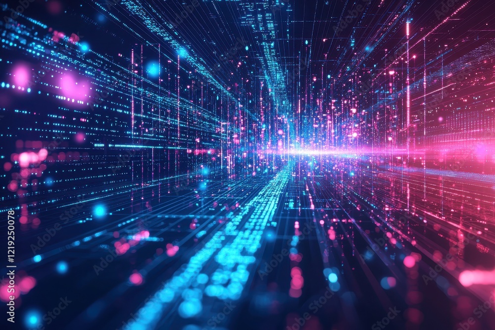 Poster digital waves of light and data moving in a futuristic space