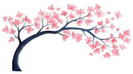 Watercolor Tree with Pink Blossoms and Leaves in Soft Pastel Shade on White Background
