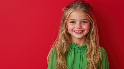 Fototapeta premium Happy young Caucasian girl with long blonde hair dressed in a bright green blouse standing against a solid red background
