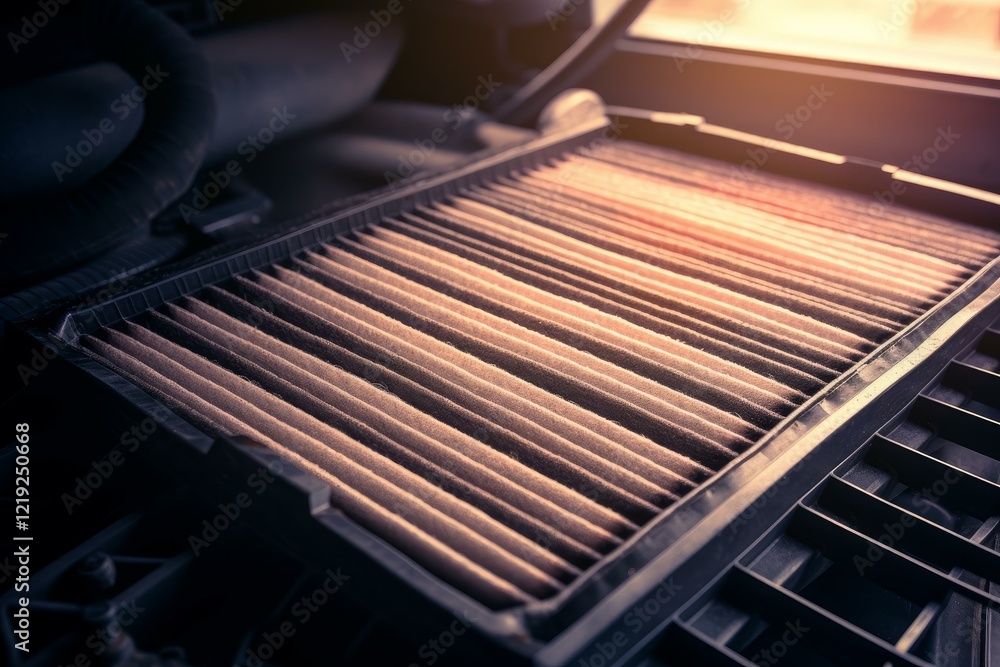 Poster close up view of a dirty car air filter, highlighting the need for replacement to maintain optimal e