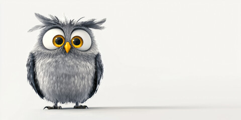 Obraz premium A quirky owl with a comical, surprised expression, perched gracefully, set against a minimal white background with generous copy space for text or design elements