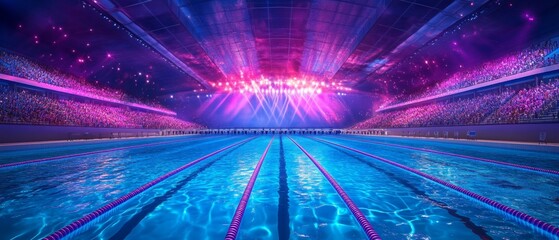 Illuminated olympic swimming pool with detailed lane lines for competitive event ambiance
