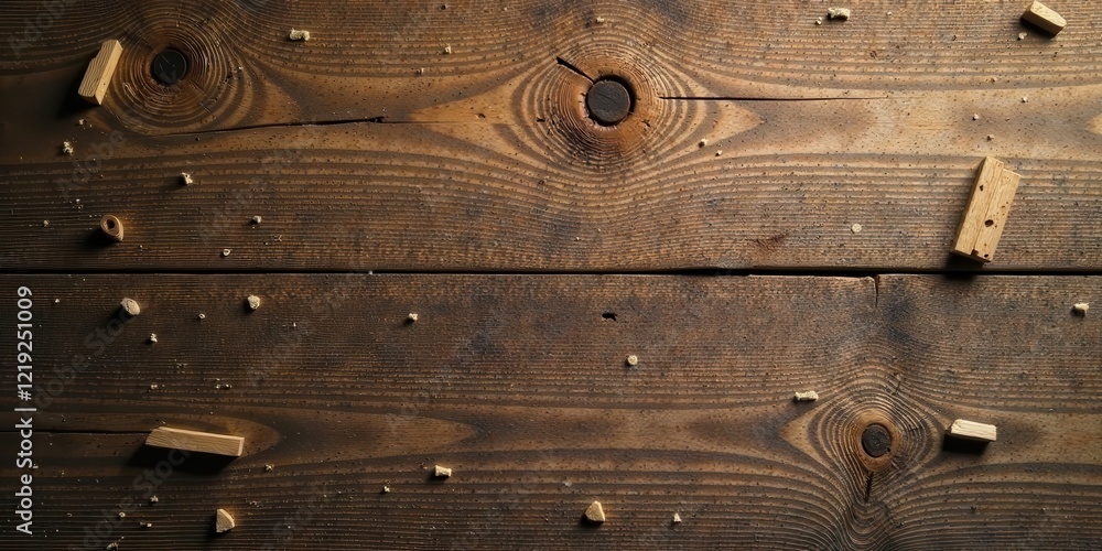 Poster rustic wooden surface with scattered wood shavings and knots, showing natural texture and grain patt