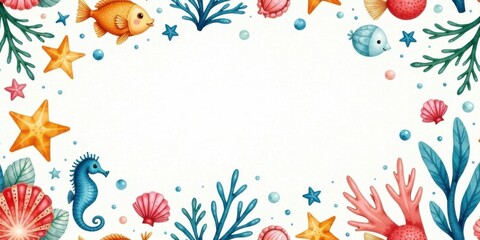 Ocean Life Border with Sea Creatures and Coral Reef Elements for Whimsical Designs