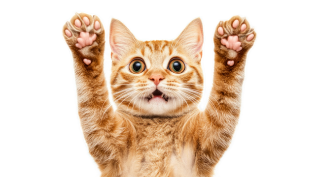 Playful Ginger Cat with Raised Paws and Expressive Face Captured in a Joyful Moment, Radiating Happiness and Curiosity, Perfect for Pet-Themed Projects and Marketing Campaigns