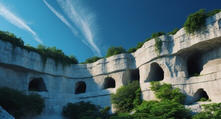 Obraz premium Limestone cliff face with cave entrances surrounded by green vegetation under a bright sky.