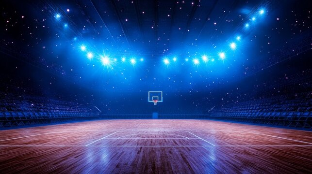 Vibrant professional basketball court with polished hardwood and dynamic lighting for sports event promotion