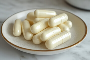 a few vitamin capsules on a white plate on a white marble counter shot at an angle
