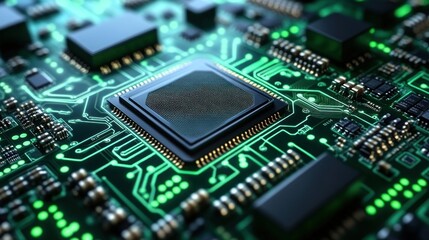 Close-up of a shiny black CPU chip on a circuit board with green glowing traces.