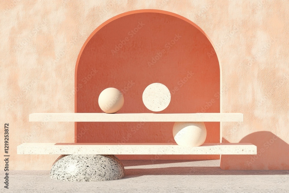Poster abstract composition of minimalist shapes in soft peach tones, featuring textures and shadows, perfe