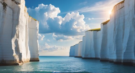 Dramatic white chalk cliffs meeting the deep blue sea under a summer sky with clouds.