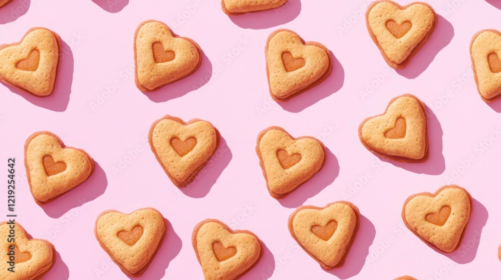 Poster heart-shaped cookies arranged in a repeating pattern on a pink background. (1)