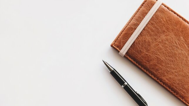 A high-quality leather notebook with a pen placed on top, on a white desk, on a white isolated background