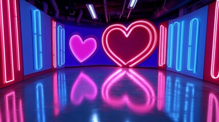 Game show stage with vintage neon lighting and romantic Valentine’s Day design. A vintage-inspired game show stage with glowing neon and love-themed decor.