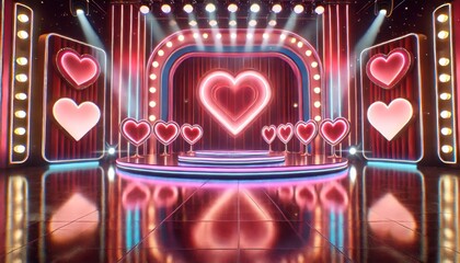 Game show stage with vintage neon lighting and romantic Valentine’s Day design. A vintage-inspired game show stage with glowing neon and love-themed decor.