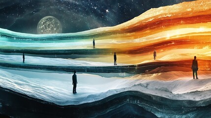 Artistic depiction of training systems featuring dynamic layers symbolize skill development continuous learning and employee education in both traditional and digital environments