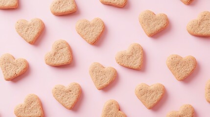 Flat lay of heart-shaped cookies on pink background.