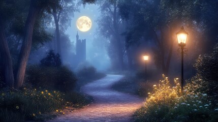Fototapeta premium Enchanted Night Pathway Surrounded by Luminous Lanterns under a Majestic Full Moon in a Serene Forest Setting
