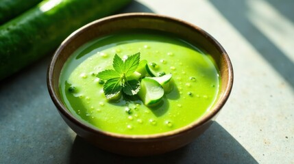 Refreshing Green Vegetable Soup in a Rustic Bowl, Garnished with Fresh Herbs and Cucumber Slices