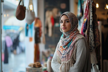 Obraz premium A striking portrait of a Muslim woman in a hijab with a direct gaze and soft lighting. Great for themes of individuality, empowerment, and modern cultural representation.