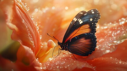 A macro shot of a butterfly resting on a dewy flower petal at dawn