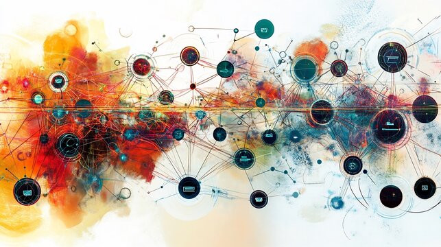 Artistic rendering of business intelligence featuring symbolic nodes interconnected paths abstract structures that represent integrated decisionmaking systems and datadriven strategies
