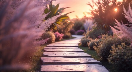Stone path in a peaceful garden at sunset.