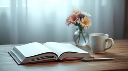 A Mockup of a blank book sitting on a wooden desk with flower vase, cup of coffee and a pen.