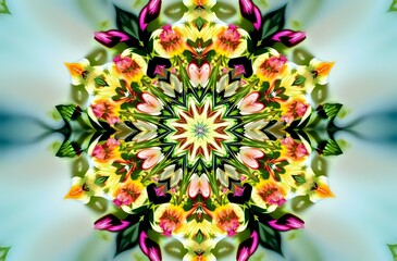 Obraz premium Vibrant Kaleidoscope of Flowers and Leaves in Symmetry