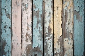 Fototapeta premium Vintage weathered wood surface with peeling paint in muted pastel colors, revealing aged grain patterns beneath, copy space background