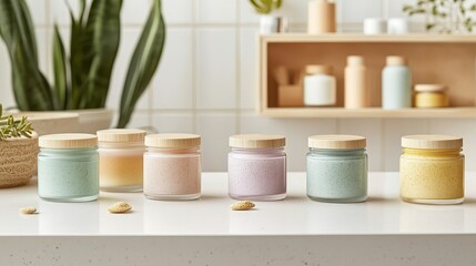 A set of organic skincare products in glass bottles, with soft pastel colors, placed on a white countertop, on a white background