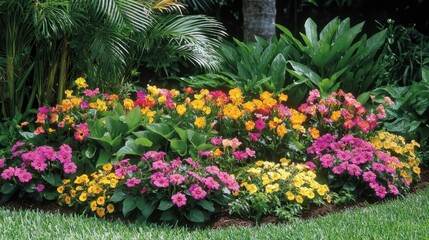 Vibrant Garden Bed with Colorful Flowers in Tropical Landscape