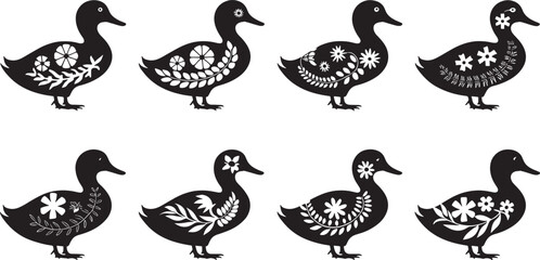 Set of Decorative Duck Silhouettes with Floral Patterns, Black Folk Art Vector Illustrations