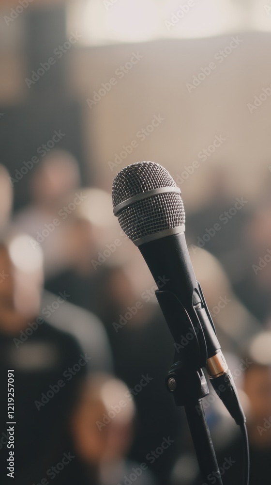 Poster microphone stands on stage, ready for a singer or comedian to perform, capturing the atmosphere of l