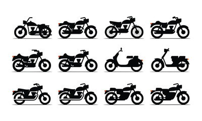 Obraz premium Set of Motorcycle and Scooter Silhouettes, Black Vector Illustrations of Classic and Retro Bikes