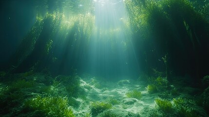 Sunbeams Illuminate Underwater Seaweed Forest Floor