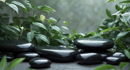 Naklejka premium Black stones and green leaves create a serene natural ambiance in a garden setting