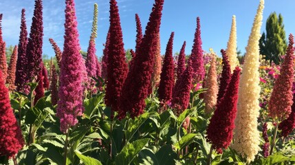 Colorful Flower Garden with Vibrant Spires in Clear Blue Sky