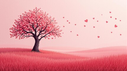 A dreamy image of a heart-shaped tree with falling hearts