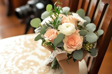 Obraz premium Peach rose bridal bouquet on chair, camera blurred background, wedding prep