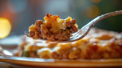 Close-Up of Delicious Casserole Dish with Fork Taking a Bite