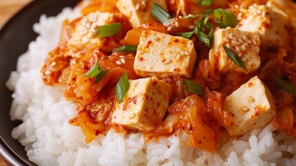 Close-up of rice with spicy kimchi stir-fry and tofu. Featuring tangy, spicy kimchi with crispy tofu. Emphasizing a flavorful, satisfying Korean-inspired dish. Ideal for kimchi recipes.