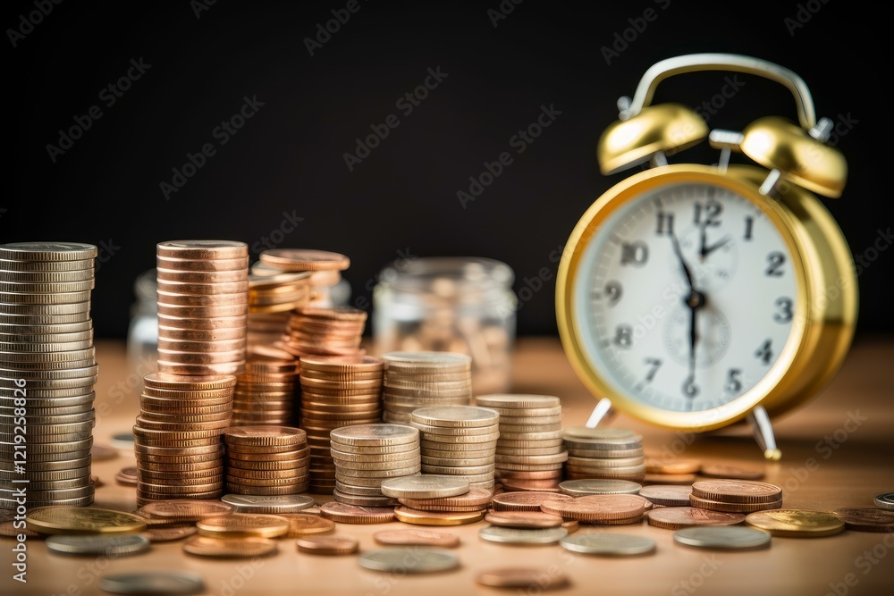 Poster stacks of coins showing increasing investment returns with an alarm clock in the background, represe