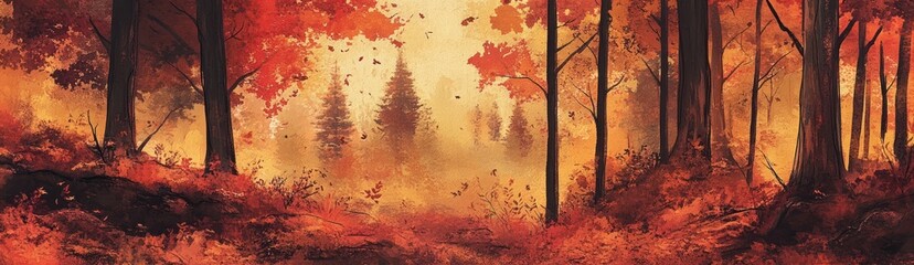 Autumnal Forest Scene With Falling Leaves And Golden Light